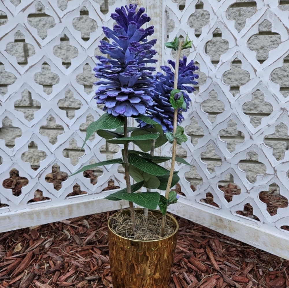 40A. Original - Two-Tone Lavender Cone Hydrangea - Real Pinecones in a Gold Vase